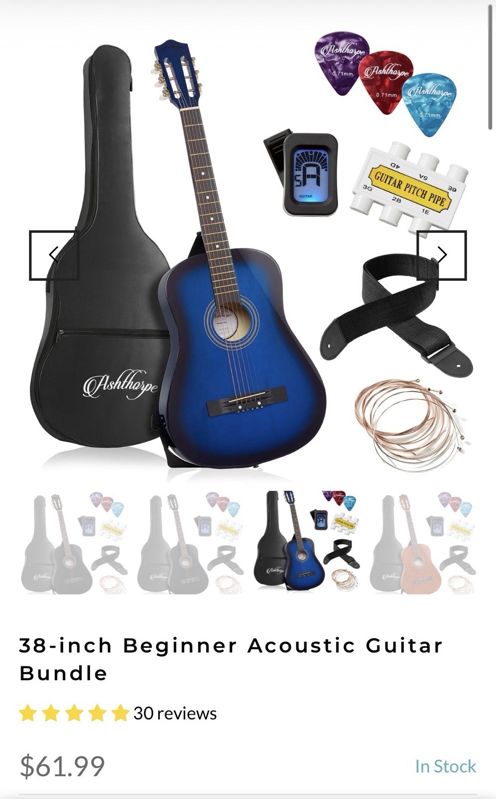 38″ Beginners Acoustic Guitar w/Guitar Case, Strap, Tuner & Pick Steel Strings
