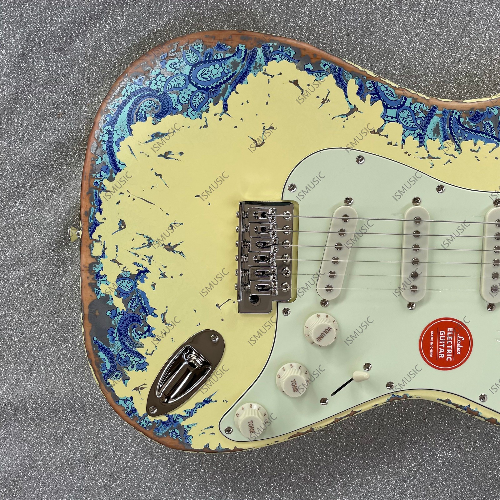 Vintage Aged Solid Body Electric Guitar Vintage Aged Off White Blue Paisley