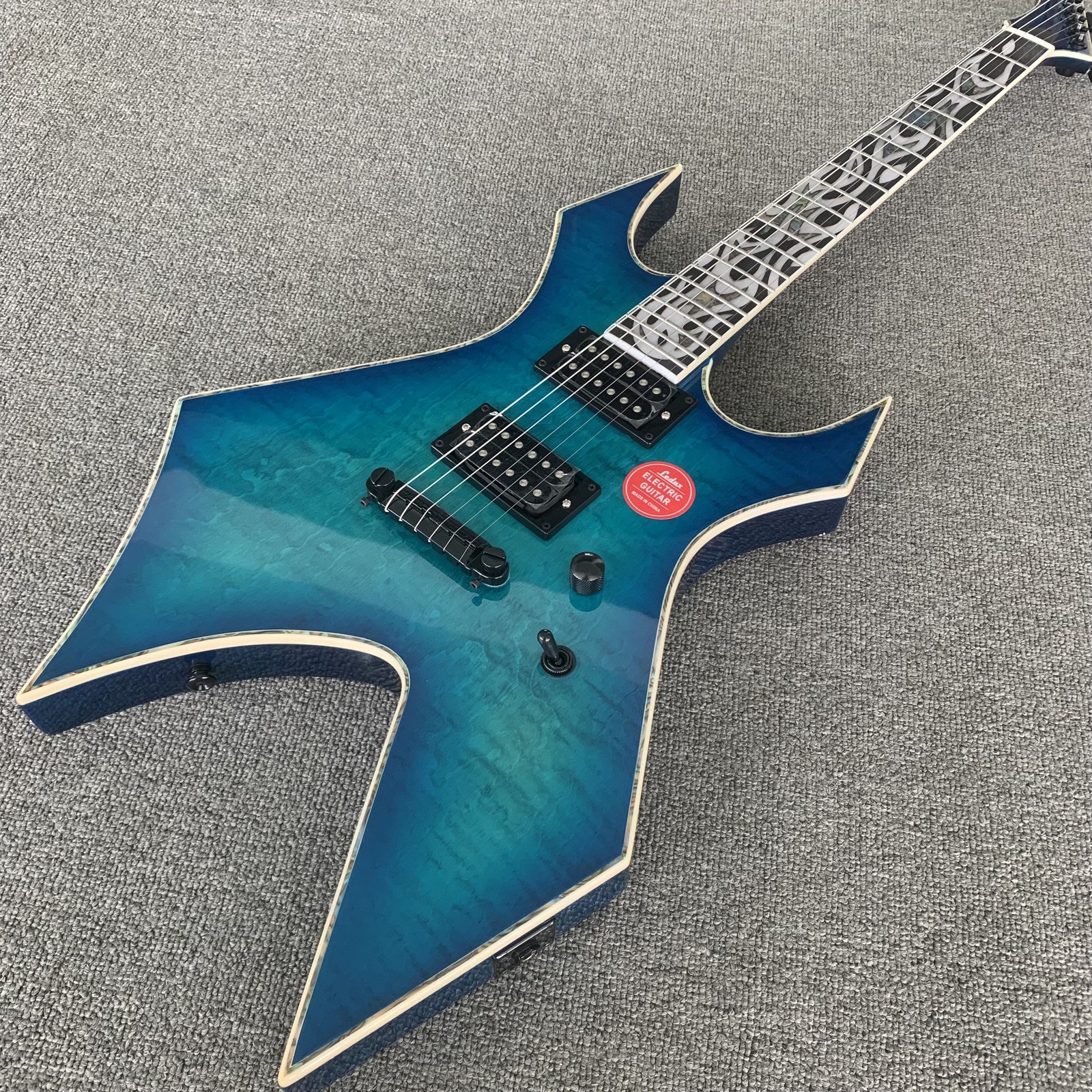 Blue Flamed top unique Shape Solid body Electric Guitar HH pickup black part