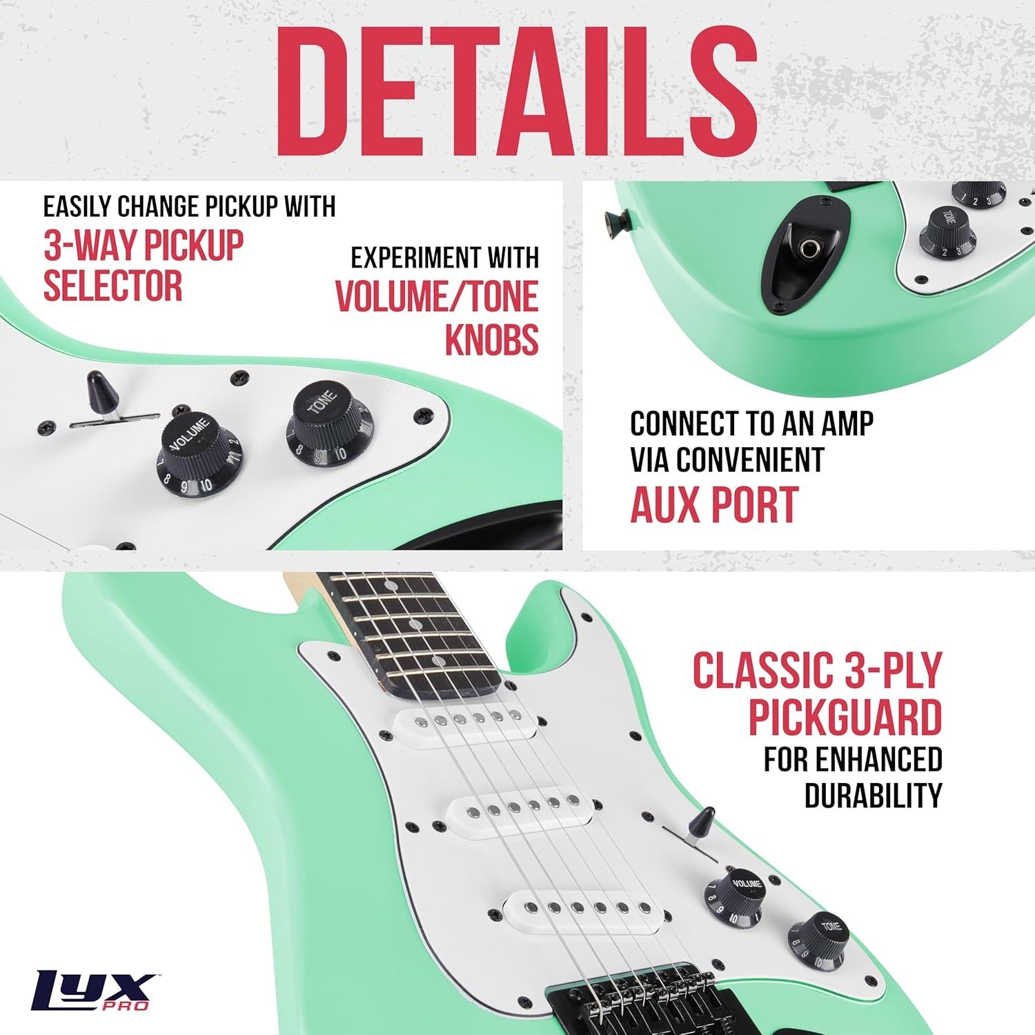 LyxPro CS 36in Electric Guitar Kit Amp Cable 6 Picks Guide Beginner Green