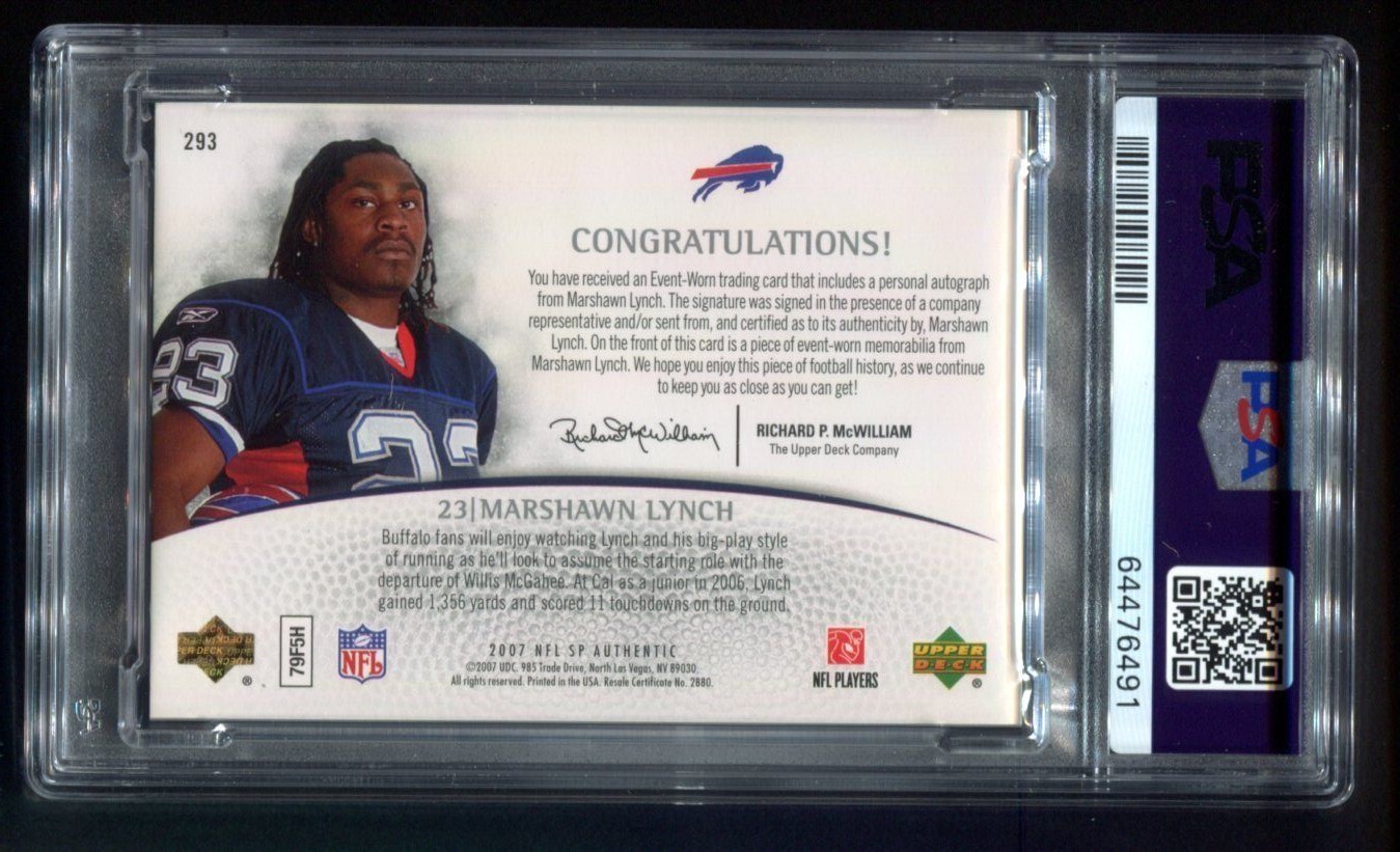 2007 SP Authentic Marshawn Lynch RC PATCH AUTO 396/399 PSA 9 MINT POP 1