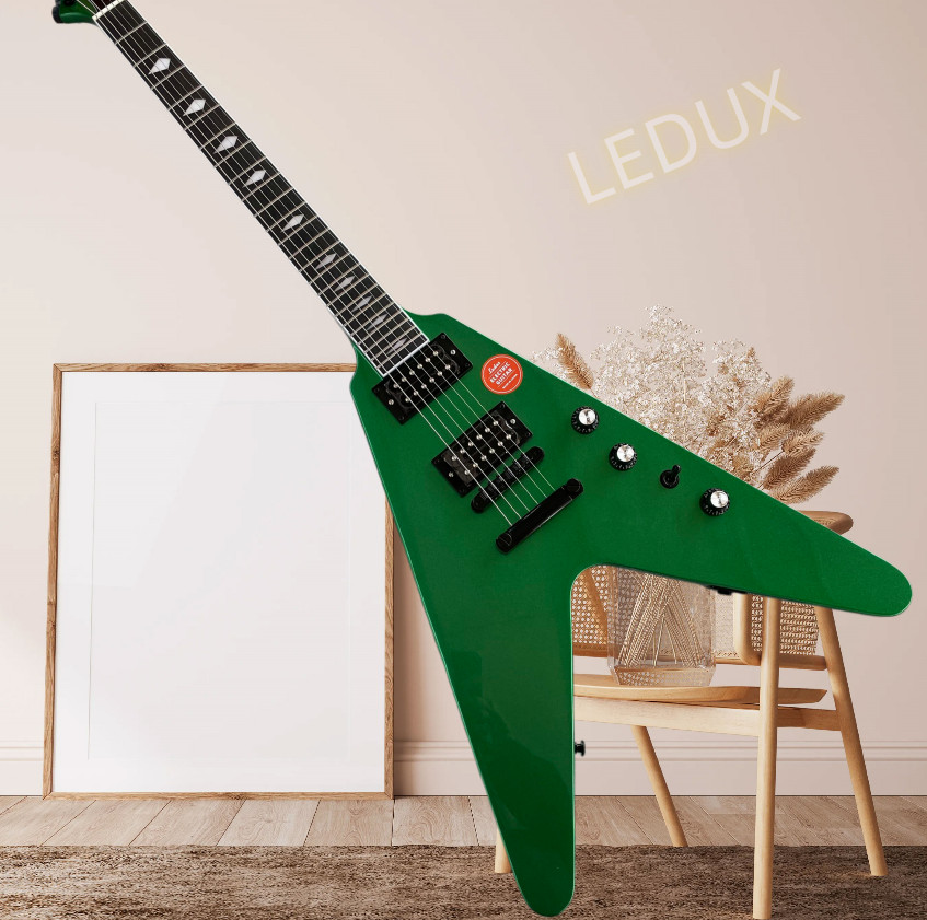 V shape 24 frets metallic green Electric Guitar black Part Mahogany Body&Neck