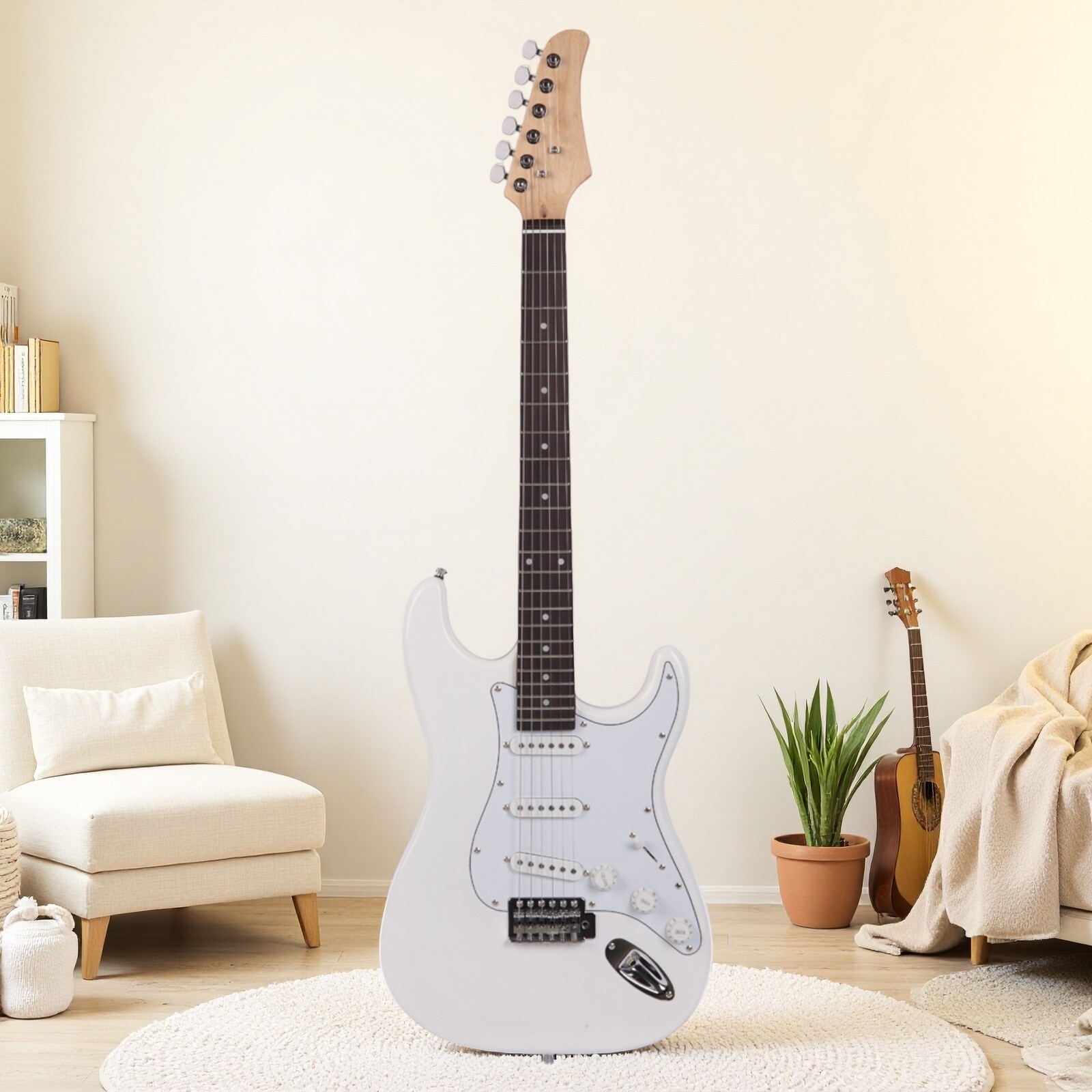 39″ Beginner S-Style Electric Guitar Set – Tremolo Full Size SSS-Pickups White