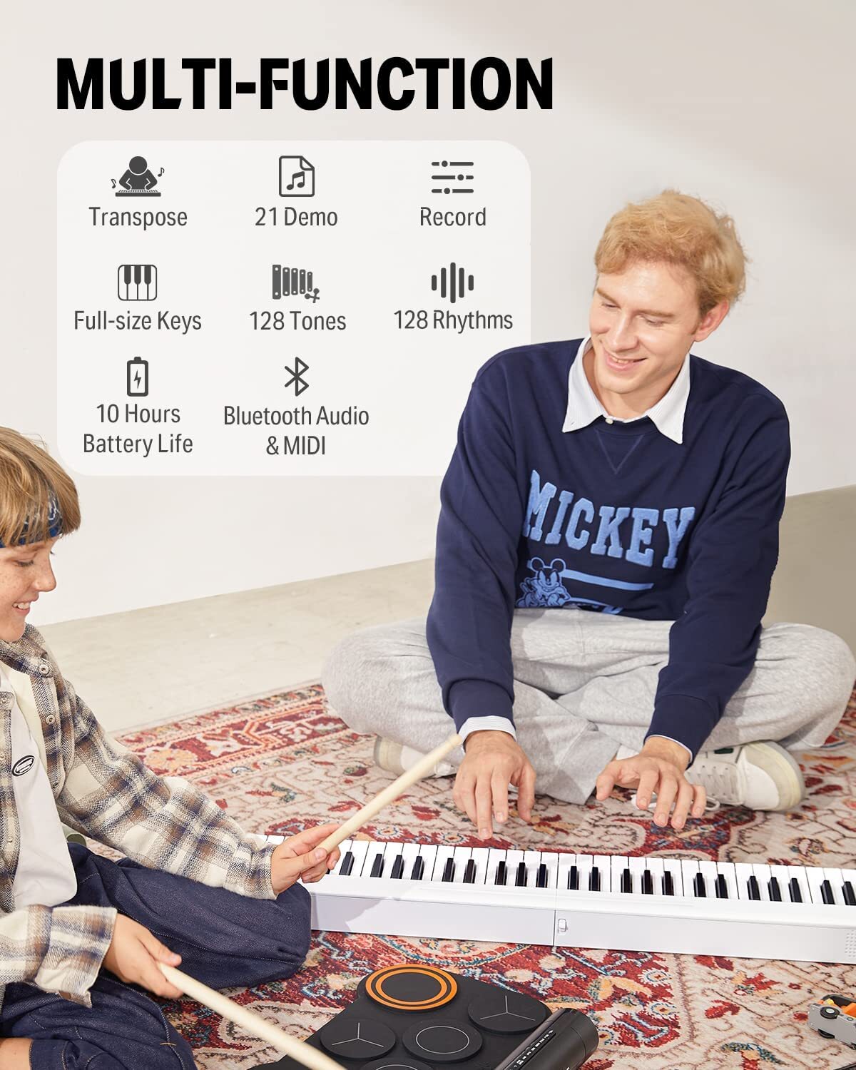 Donner 61 Key Folding Piano Bluetooth Portable Keyboard White Edition Gig Bag