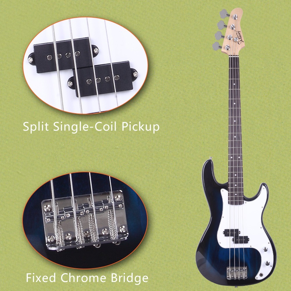US 45″ Blue Electric Bass Guitar 4-Strings Full Size W/ Bag Strap Pick Cable