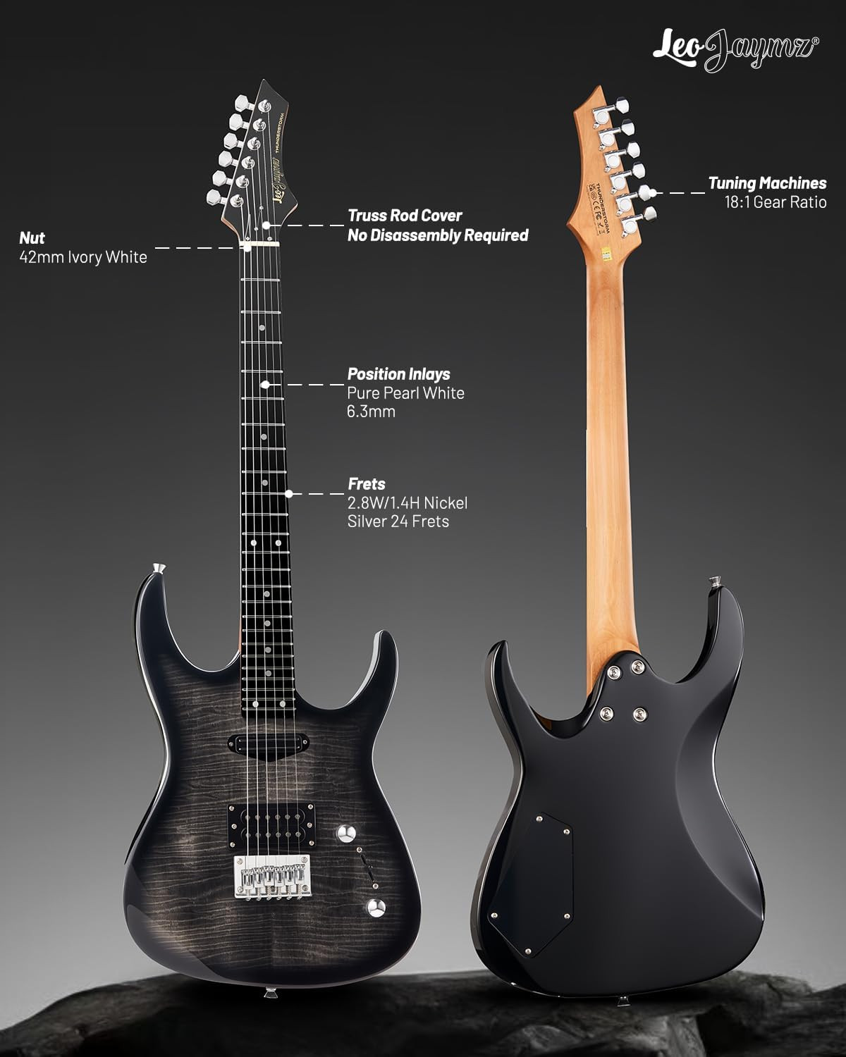 Leo Jaymz Thunderstorm ST Electric Guitar Black Flame 24 Frets Fixed Bridge