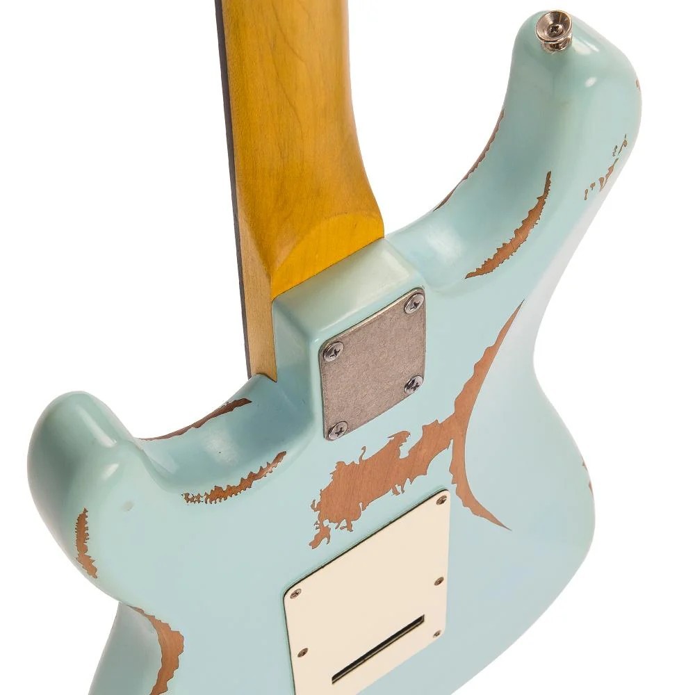 Vintage V6H ICON HSS Electric Guitar, Ultra-Gloss Distressed Laguna Blue