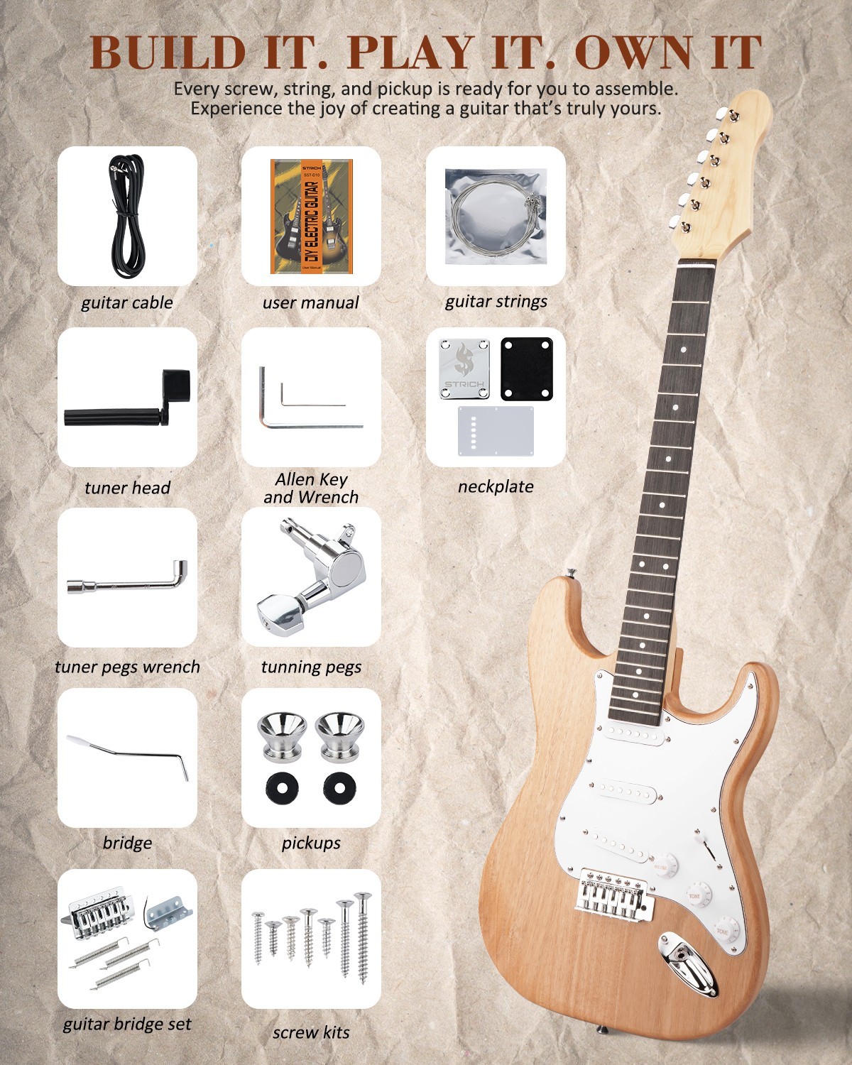 STRICH DIY Electric Guitar Kit ST Style Guitar SS Pickups Full Set School Band