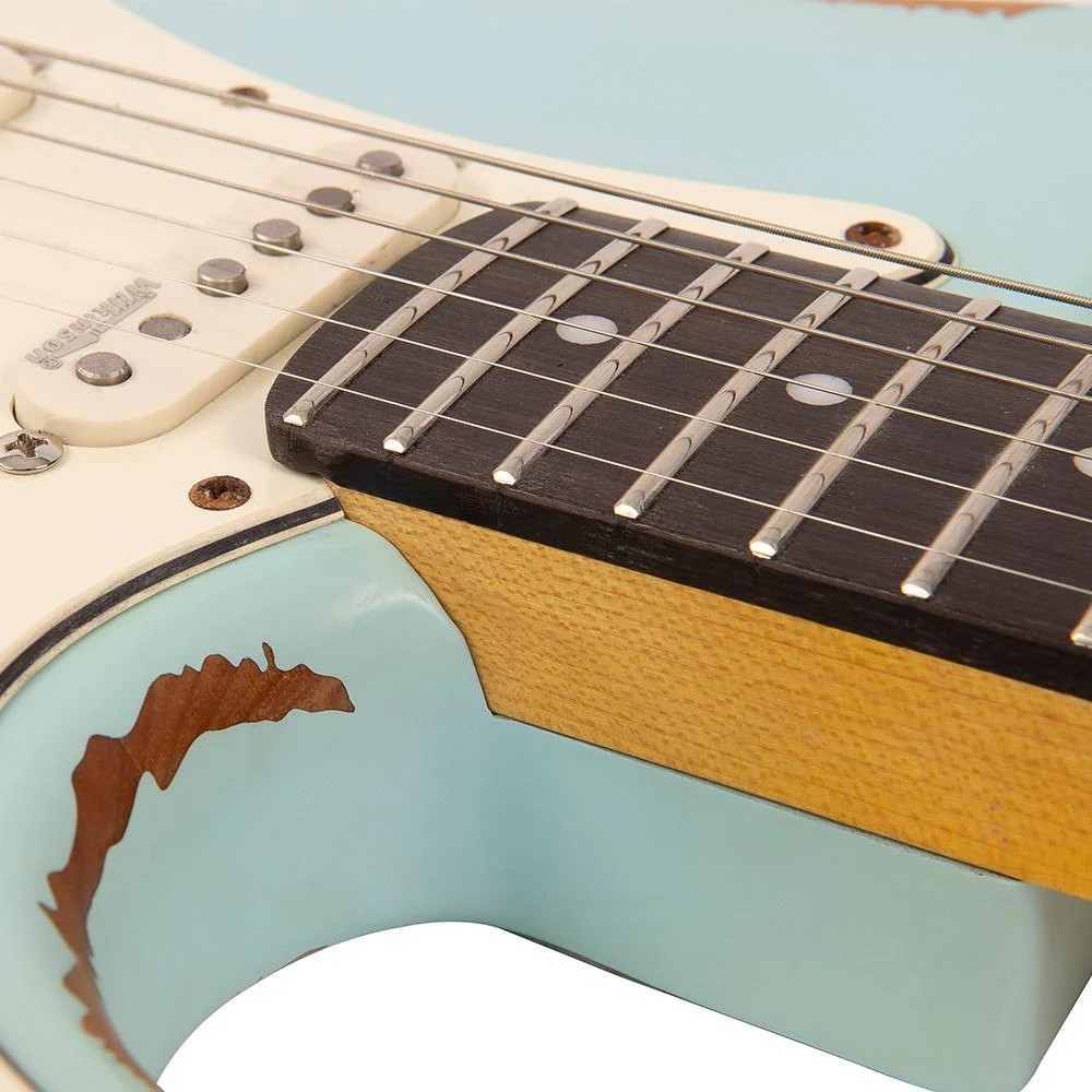 Vintage V6H ICON HSS Electric Guitar, Ultra-Gloss Distressed Laguna Blue