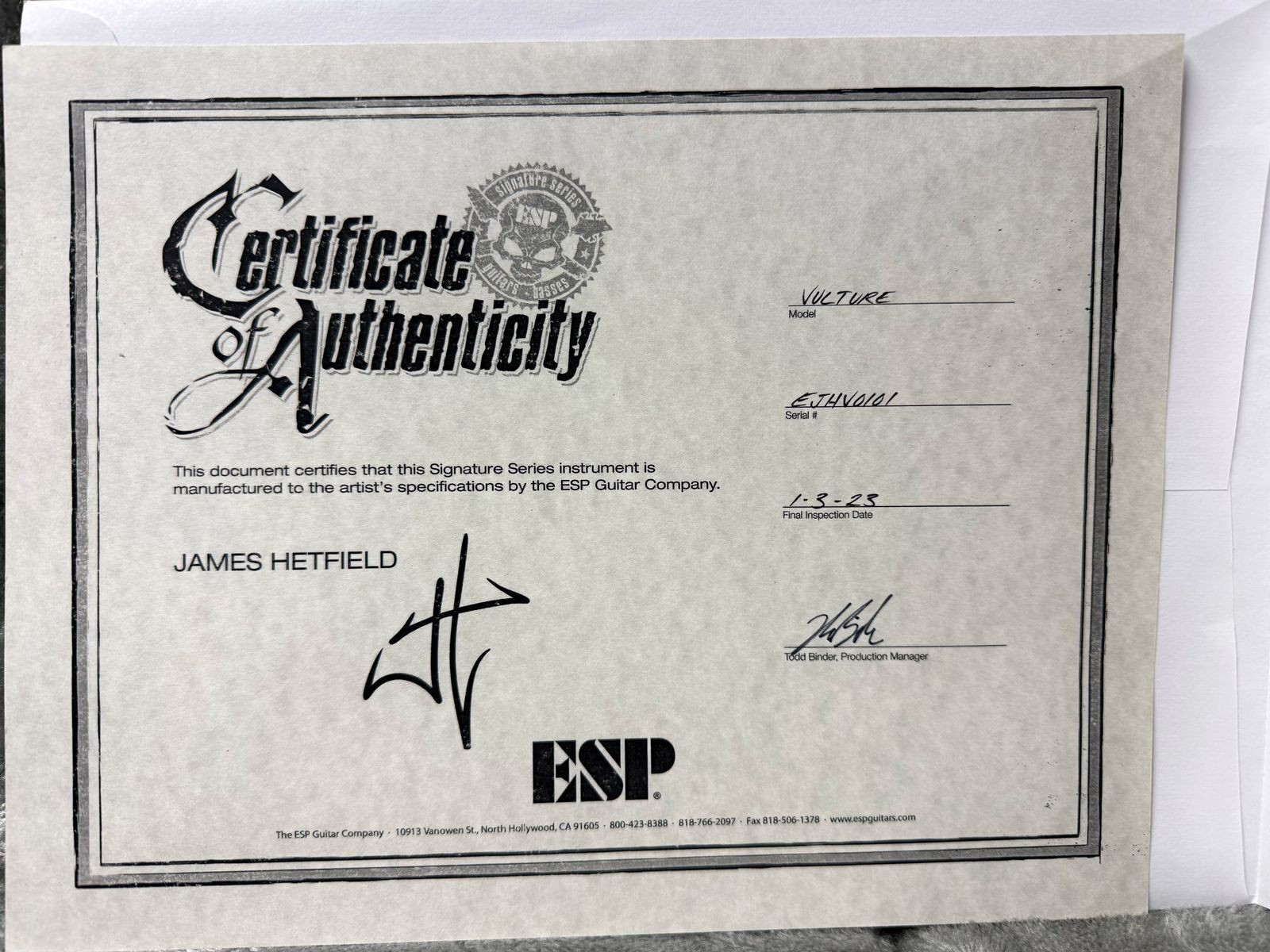 2023 ESP Made In Japan James Hetfield Vulture COA Included Excellent Condition (