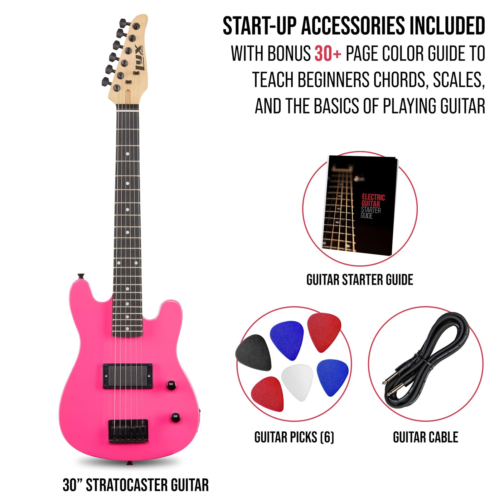 LyxPro CS 30in Electric Guitar Kit Amp Cable 6 Picks Guide Beginner Pink