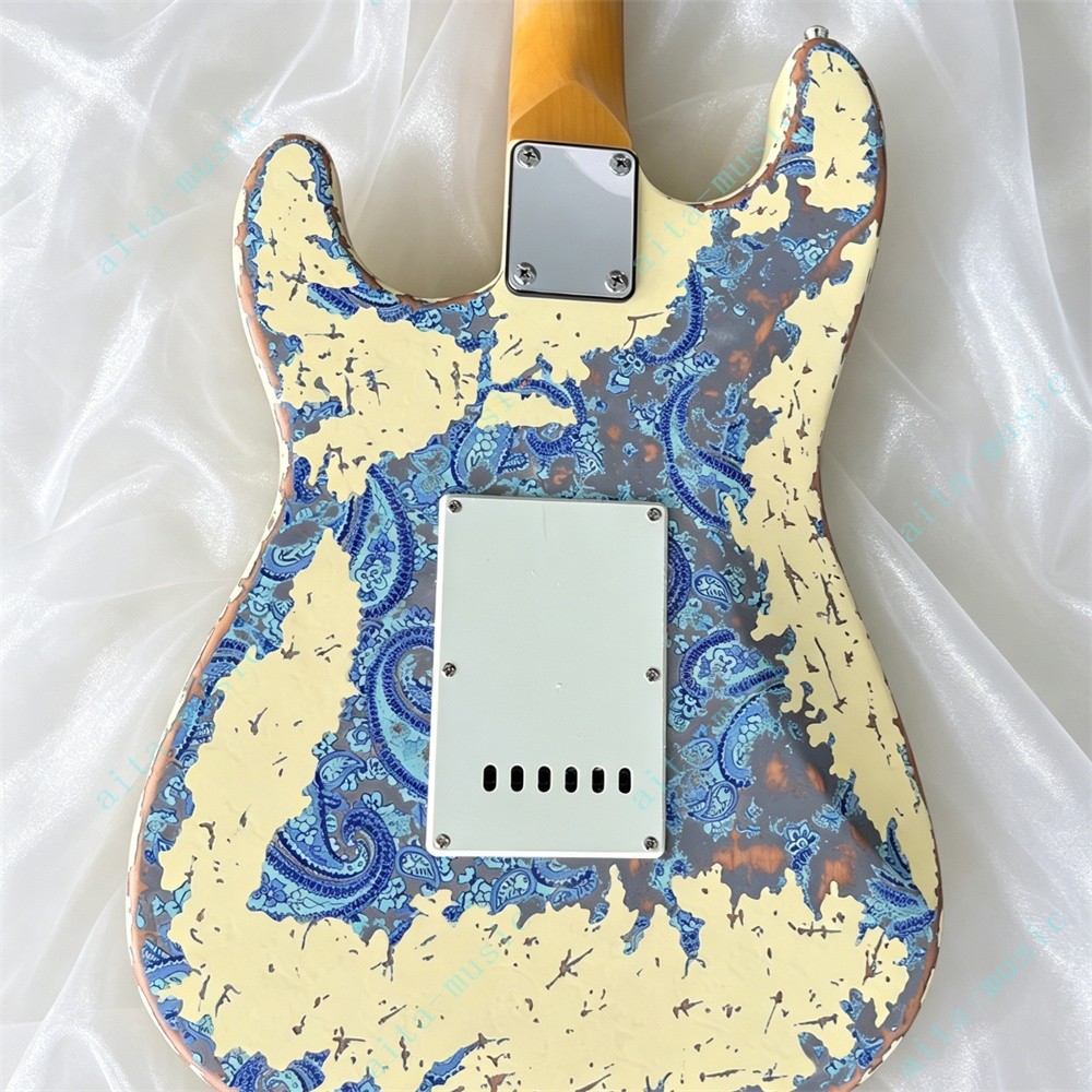 Solid Electric Guitar Stainless Rounded Fret Cream over Blue Paisley Fast Ship