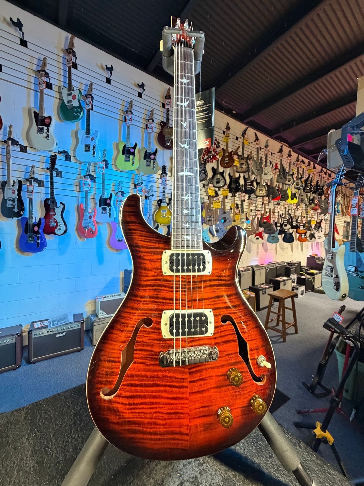 PRS SE Flat Back Hollowbody I Piezo Orange Tiger Smokeburst 465