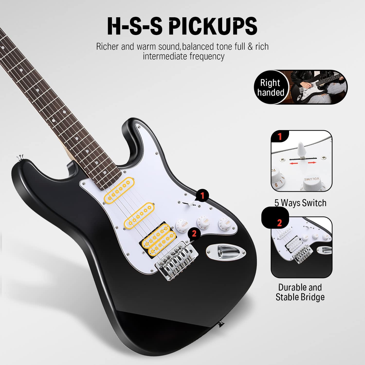 Donner DST-100B Beginner Electric Guitar Set, ST Type, SSH Pickup Layout, 39-inc