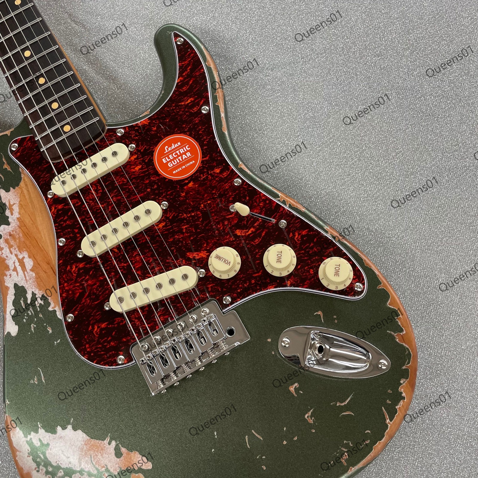 Aged Electric Guitar SSS Pickups Tremolo Bridge Chrome Parts Solid Olive Green