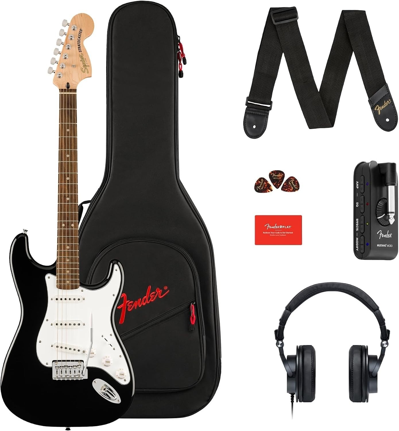 Affinity Stratocaster Electric Guitar Kit, Laurel Fingerboard, Black | Includ…
