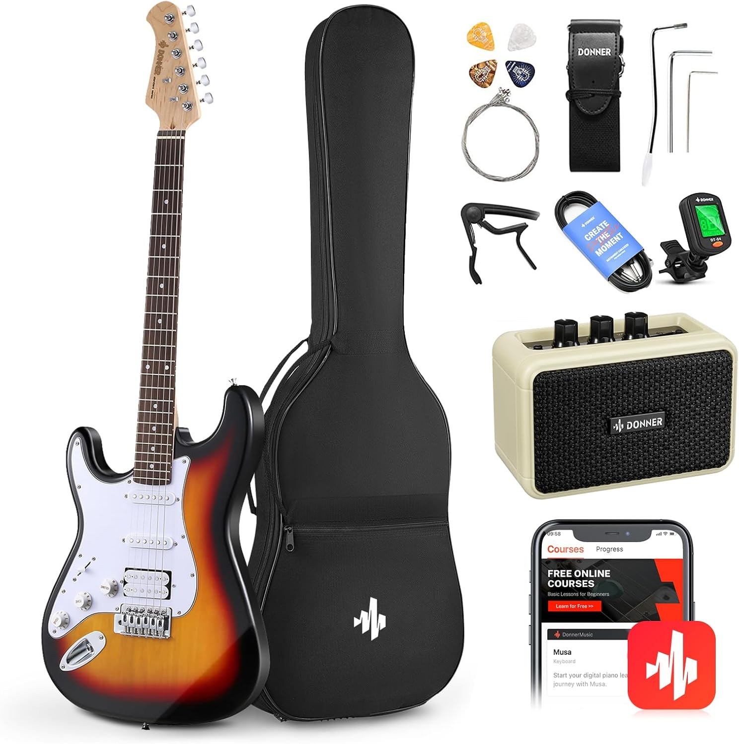 39 Inch Left-Handed Electric Guitar Kit Solid Body Sunburst Lefty Beginner Set F