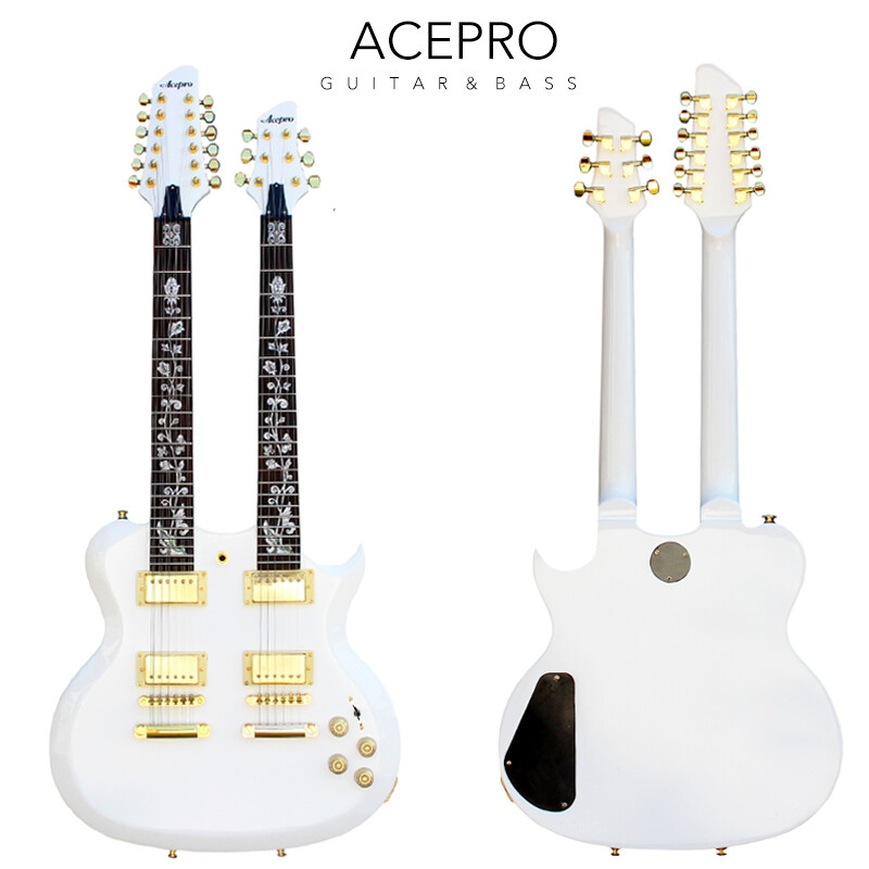 Acepro Double Neck White Electric Guitar Carved Top Abalone Custom Stem Inlays