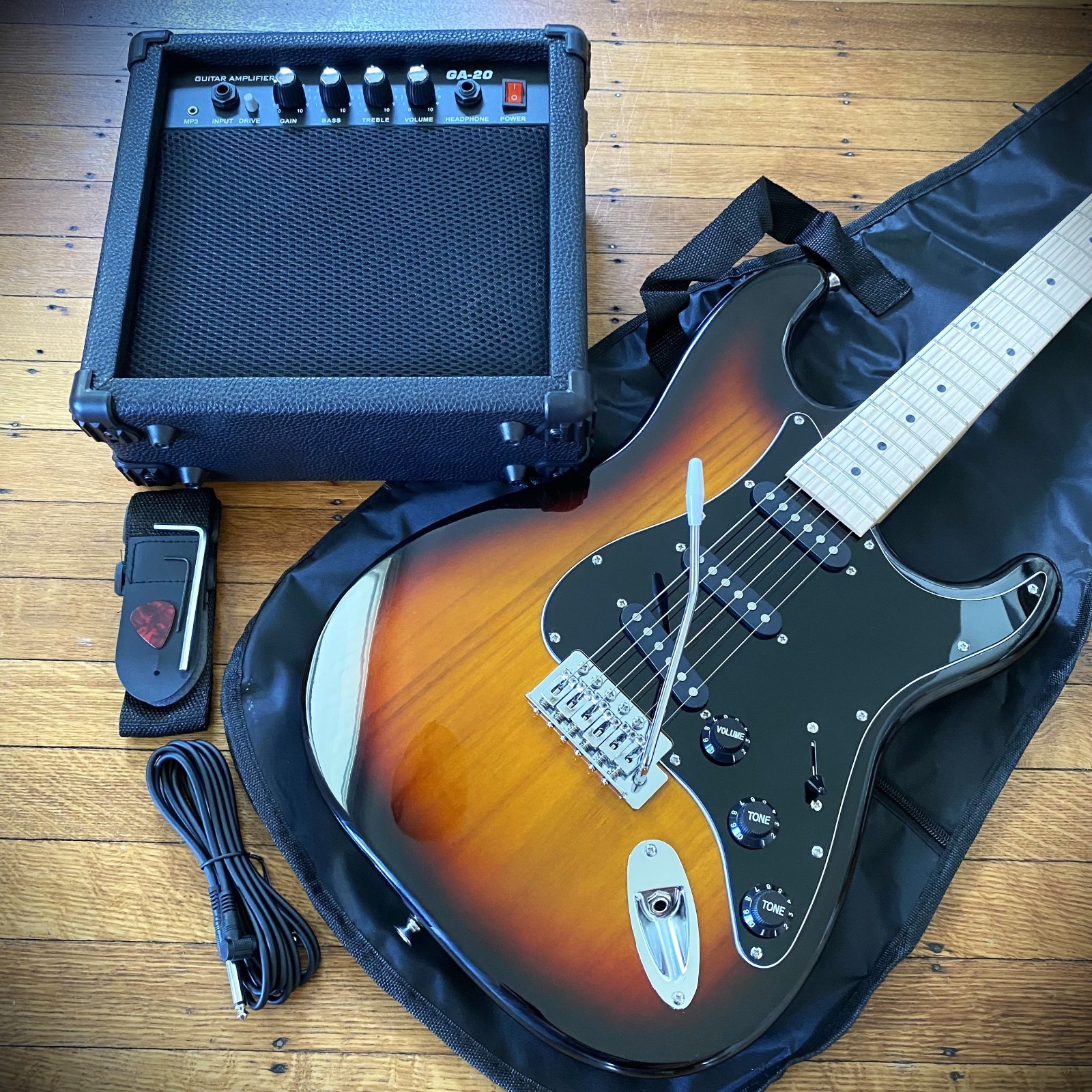 Full-Size Sunburst Electric Guitar Starter Package with 20-watt Amp, and More