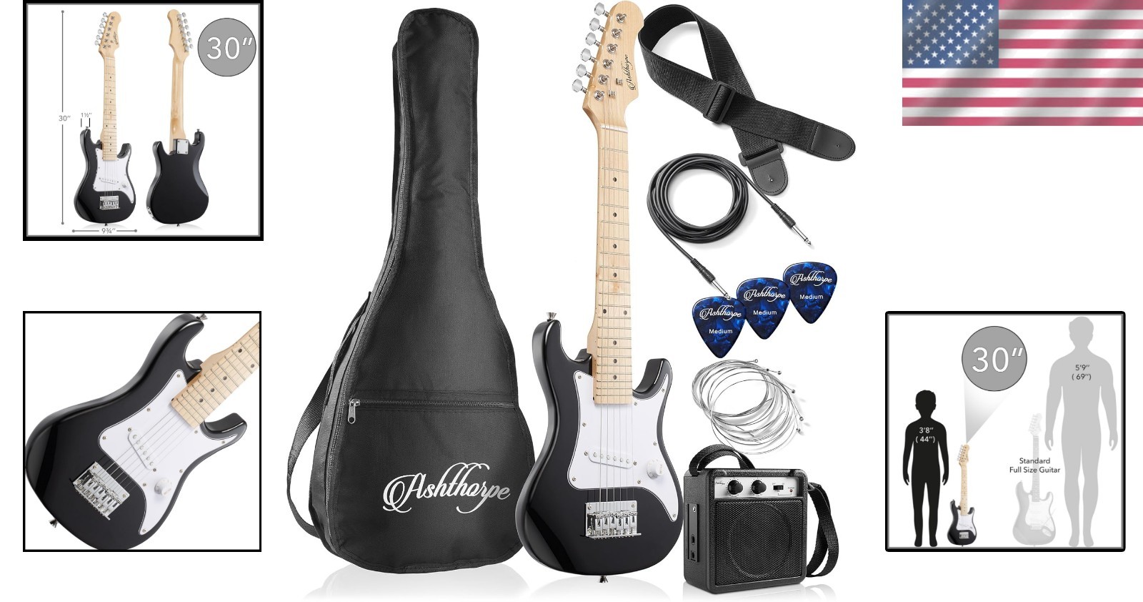 30-Inch Beginner Electric Guitar Kit with Amplifier – Complete Package in Black