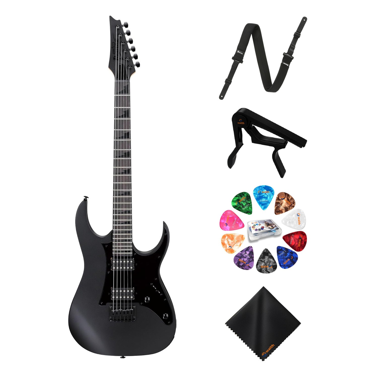 Ibanez 6-String Solid-Body Electric Black Flat Guitar, Full Right Handed Bundle