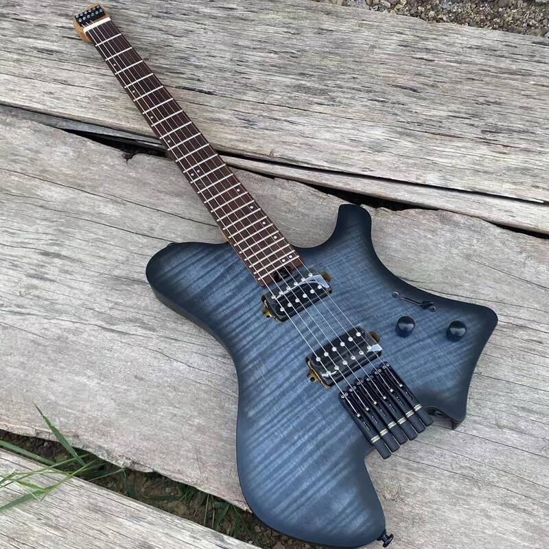 Acepro Upgraded Pro Headless Electric Guitar Black Burst Flame Maple Ash Body