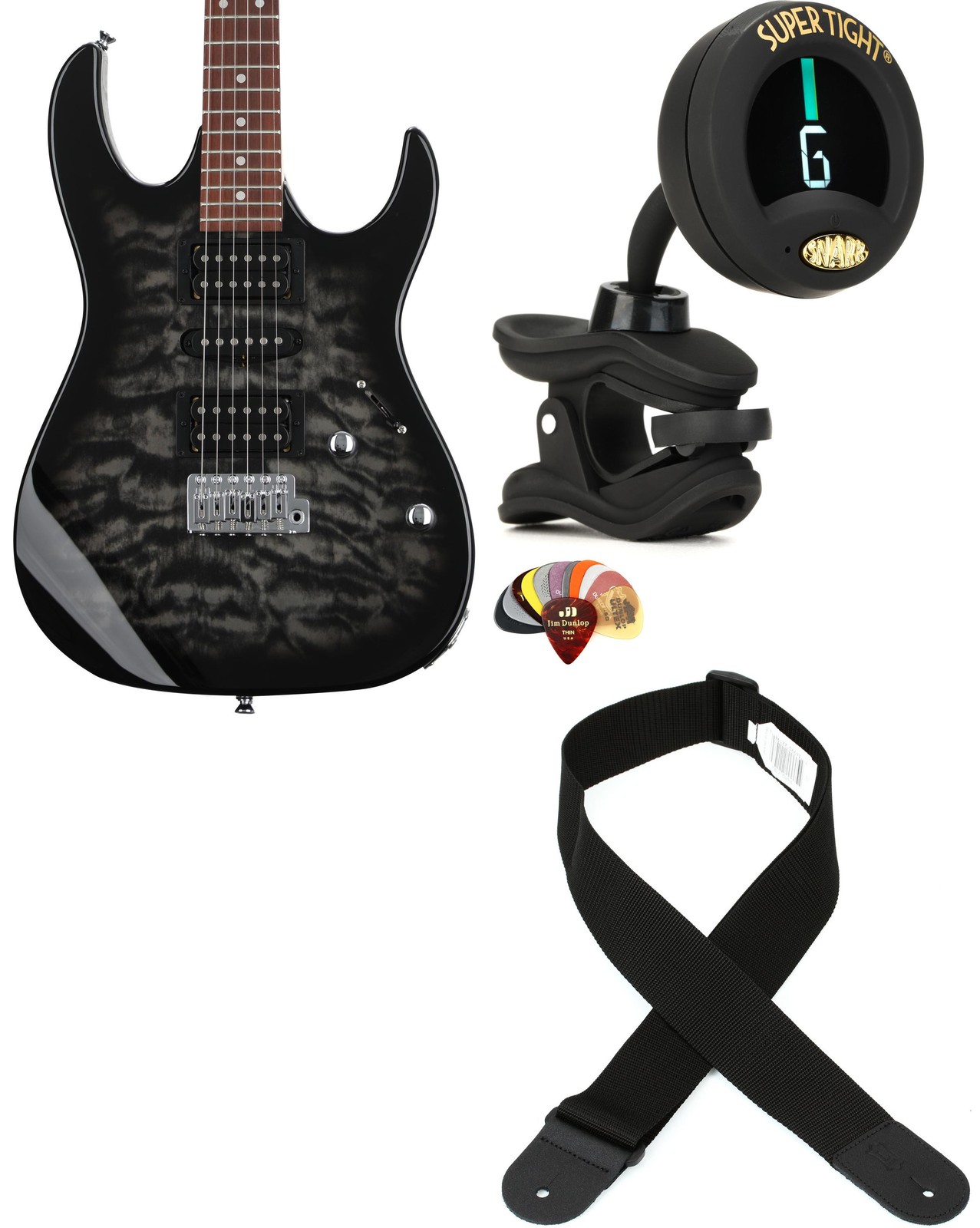Ibanez GRX70QATKS + Snark ST-8 + Dunlop PVP101 + Levy’s M8POLY-BLK Value Bu