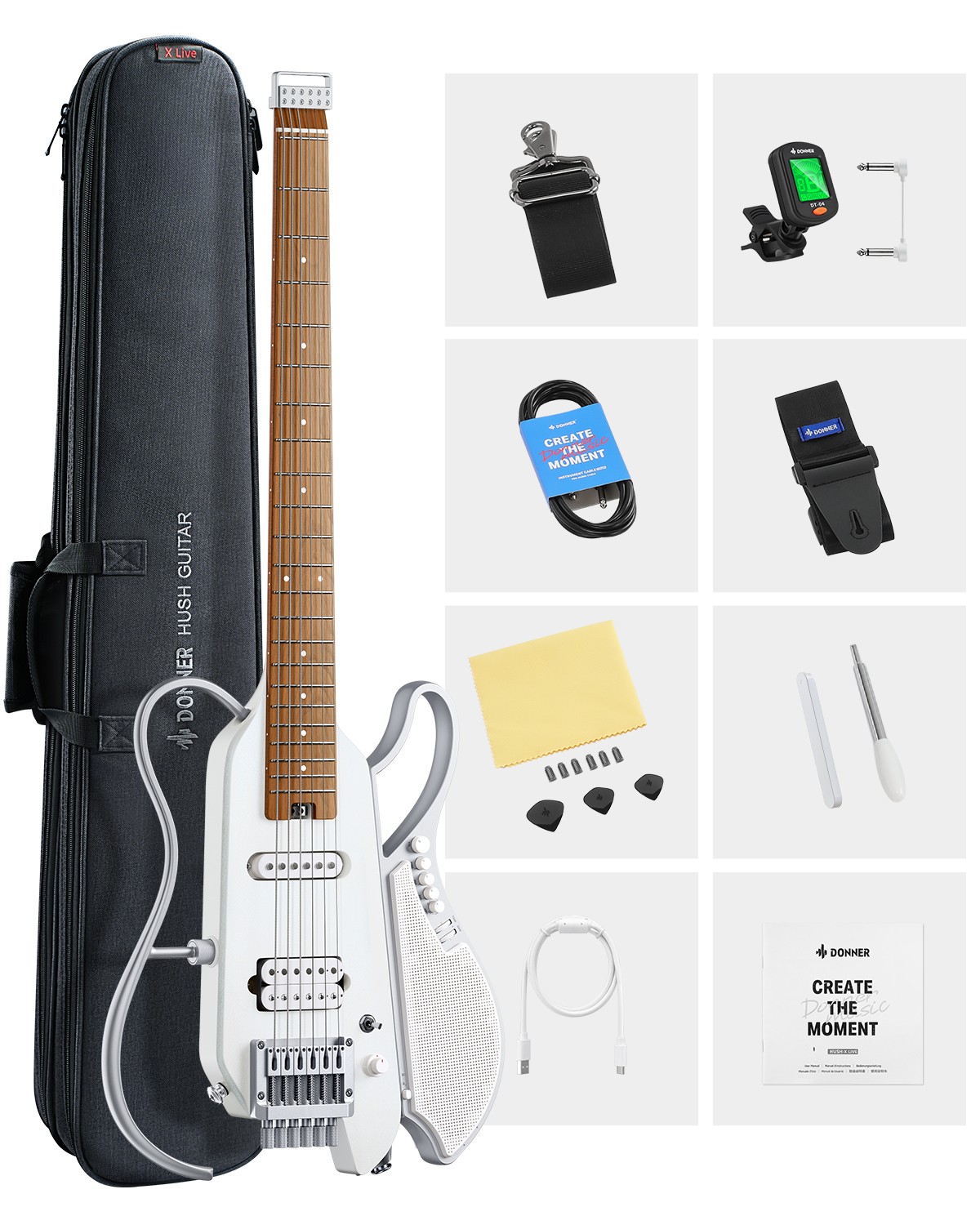 Donner HUSH-X Live White Electric Guitar Headless Body w/ Wireless Speaker