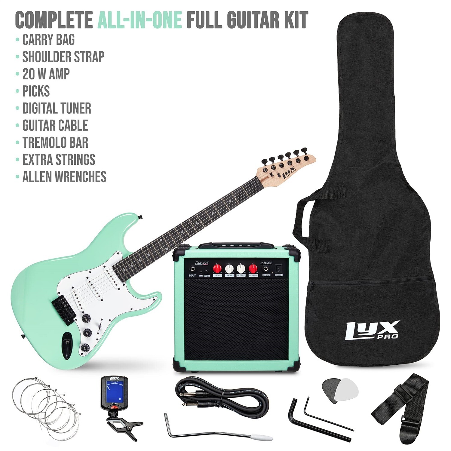 LyxPro 36” Electric Guitar & Electric Guitar Accessories and Bag, Green