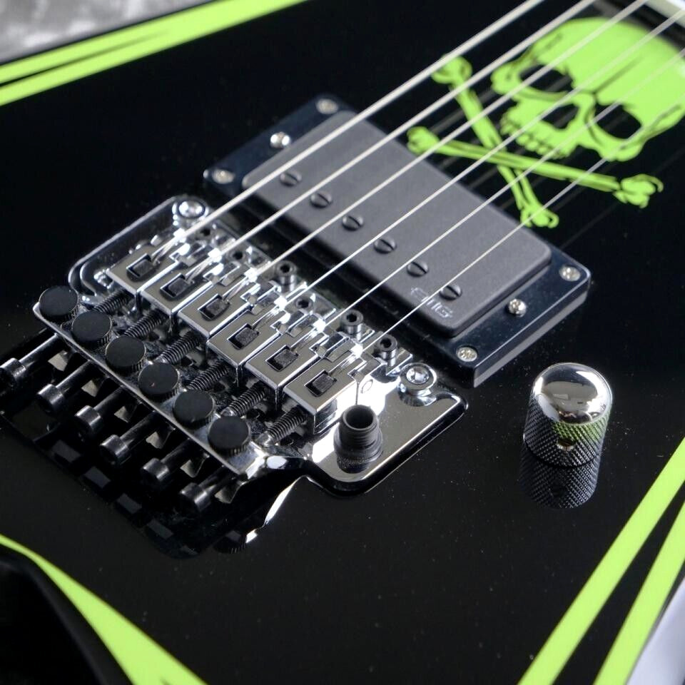 EDWARDS E-ALEXI GREENY Black Lime Green Pinstripe & Skull Electric Guitar JP