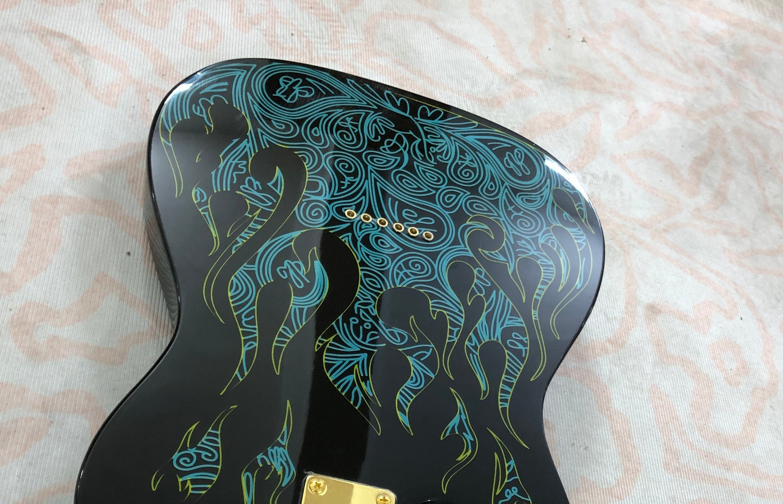 Premium Exotic Cyan Flame Artwork Electric Guitar Deluxe Gold Plated FAST SHIP