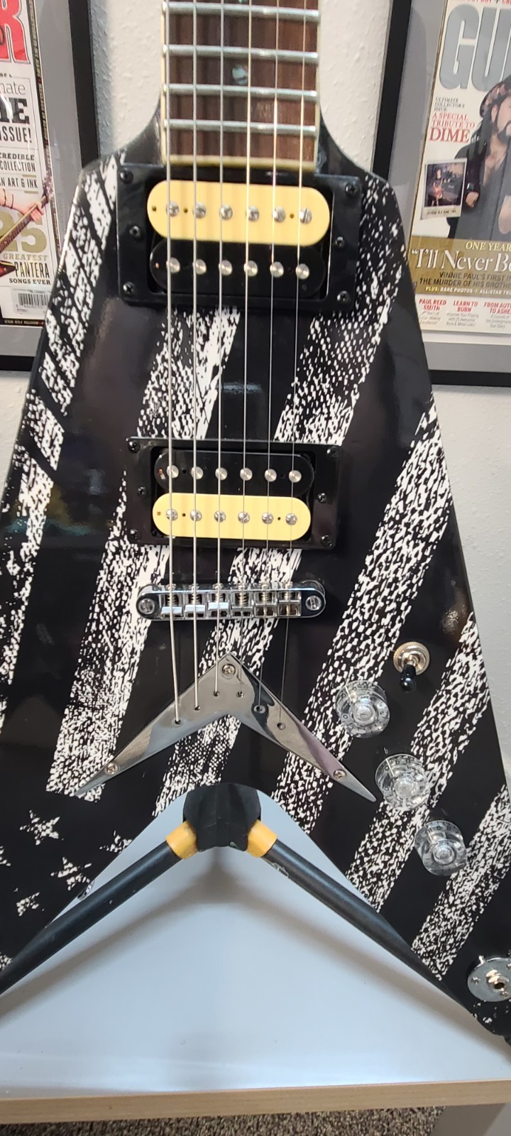 Dean V 79 Black with Custom USA Flag Guitar Skin! Great Cond, Sounds Awesome!