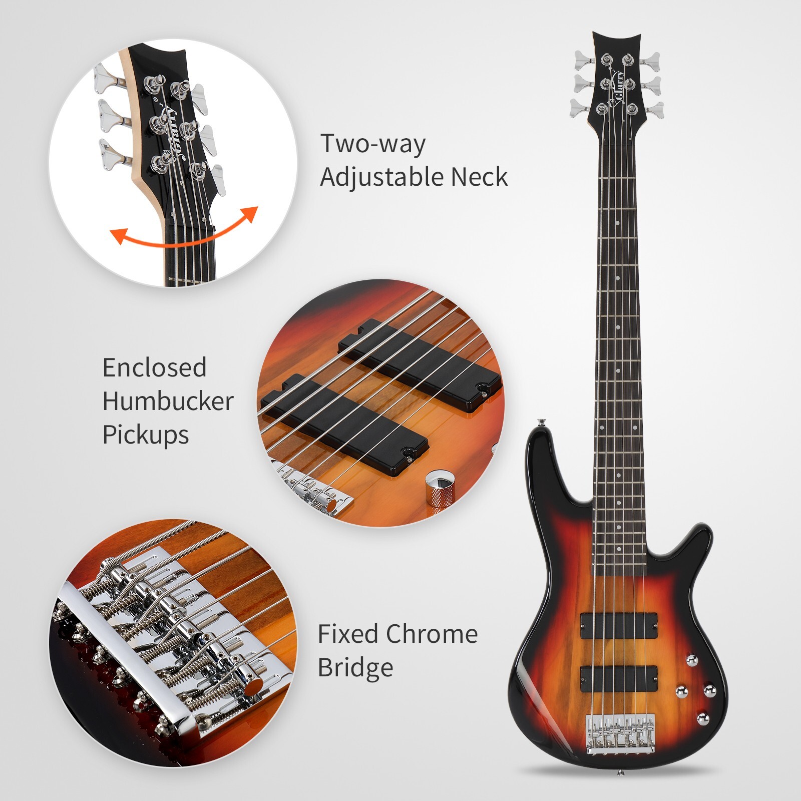 US 36″ Full Size GIB 6-String Electric Bass Guitar Sunset Color W/Bag Strap Pick