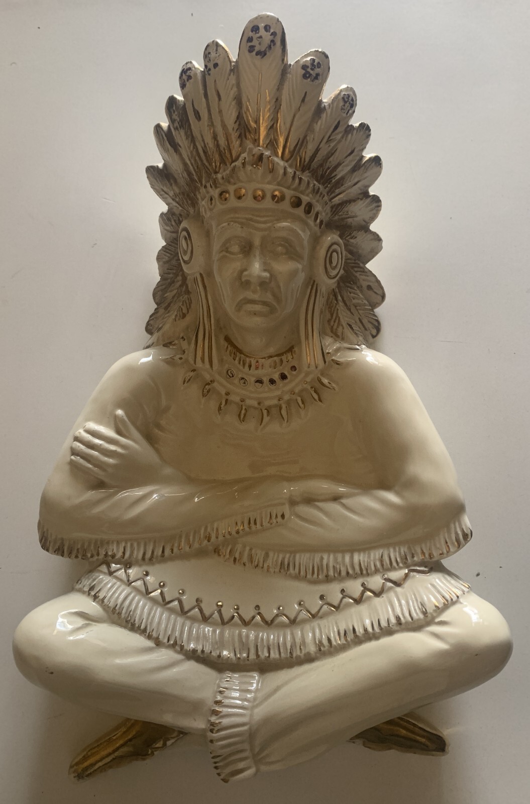 VINTAGE 11″ LARGE FIGURE CERAMIC COIN TRAY AMERICA INDIAN NATIVE MADE IN ITALY
