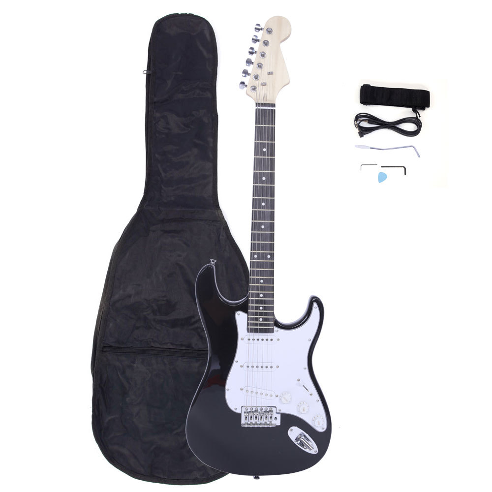 US Black &White Fingerboard ST Electric Guitar With Accessories &Bag Tremolo Arm