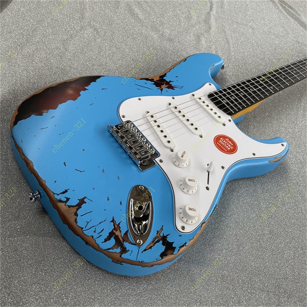 Solid Electric Guitar Aged Stainless Rounded Fret Sky Blue over 3-Color Sunburst