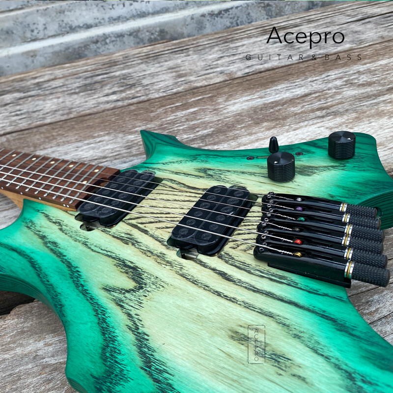 Green Burst Headless Electric Guitar Jumbo Stainless Steel Oblique Fret Ash Body