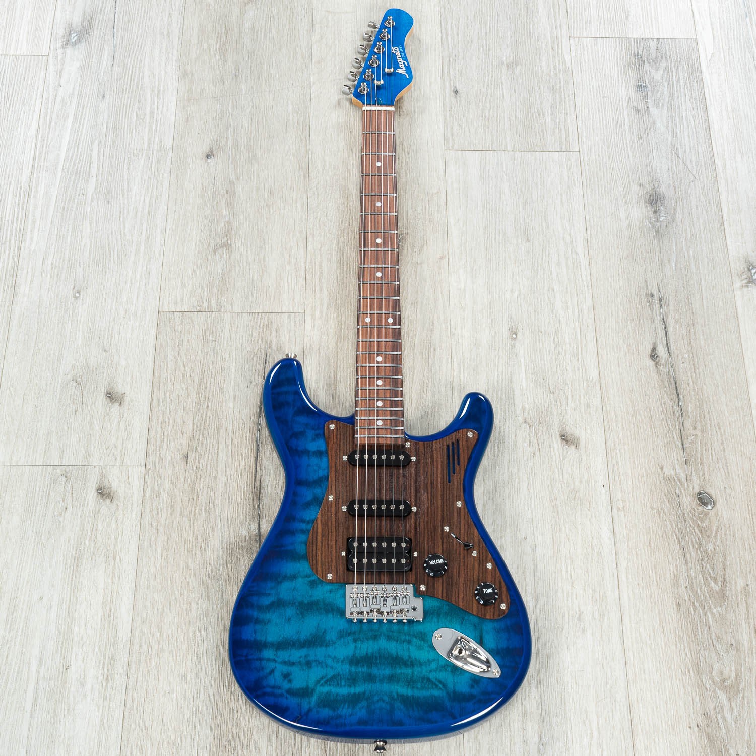 Magneto U-ONE Sonnet Modern US-2300 HSS Guitar, Rosewood, See Thru Blue Quilt