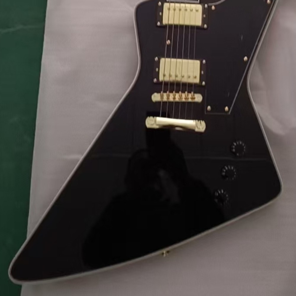 No Brand Custom X‑Plorer Gloss Black Electric Guitar Gold Hardware 22Fret ShipUS