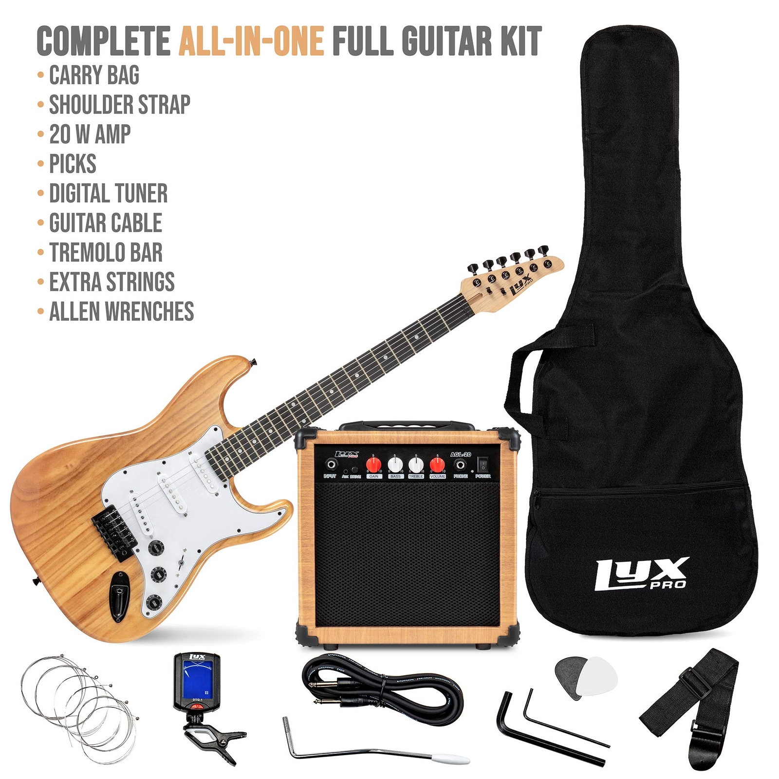 LyxPro Beginner 39” Electric Guitar & Electric Guitar Accessories – Natural