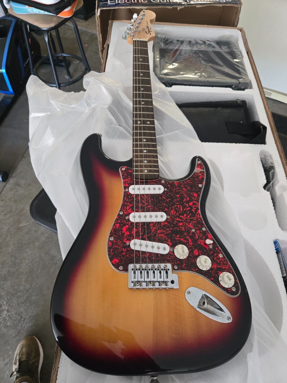 electric guitar, Justin, strap, amplifier, case, strings, picks, new in box