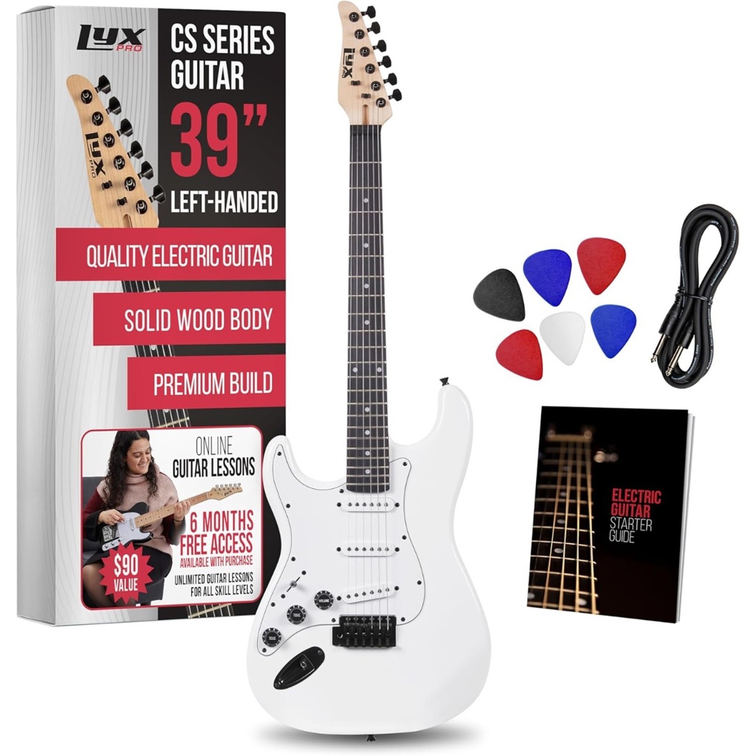 LyxPro CS 39in Left Hand Electric Guitar Kit Amp Cable Picks Guide Full White