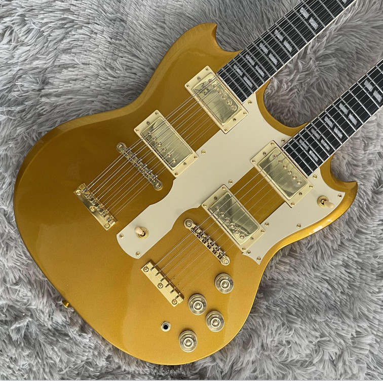 Hot SG Electric Guitar Double Neck Gold 6+12 String HH Pickups Free Shipping