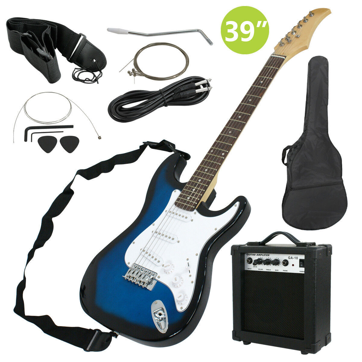 39″ Full Size Electric Guitar with Amp Case Accessories Pack for Beginner Blue