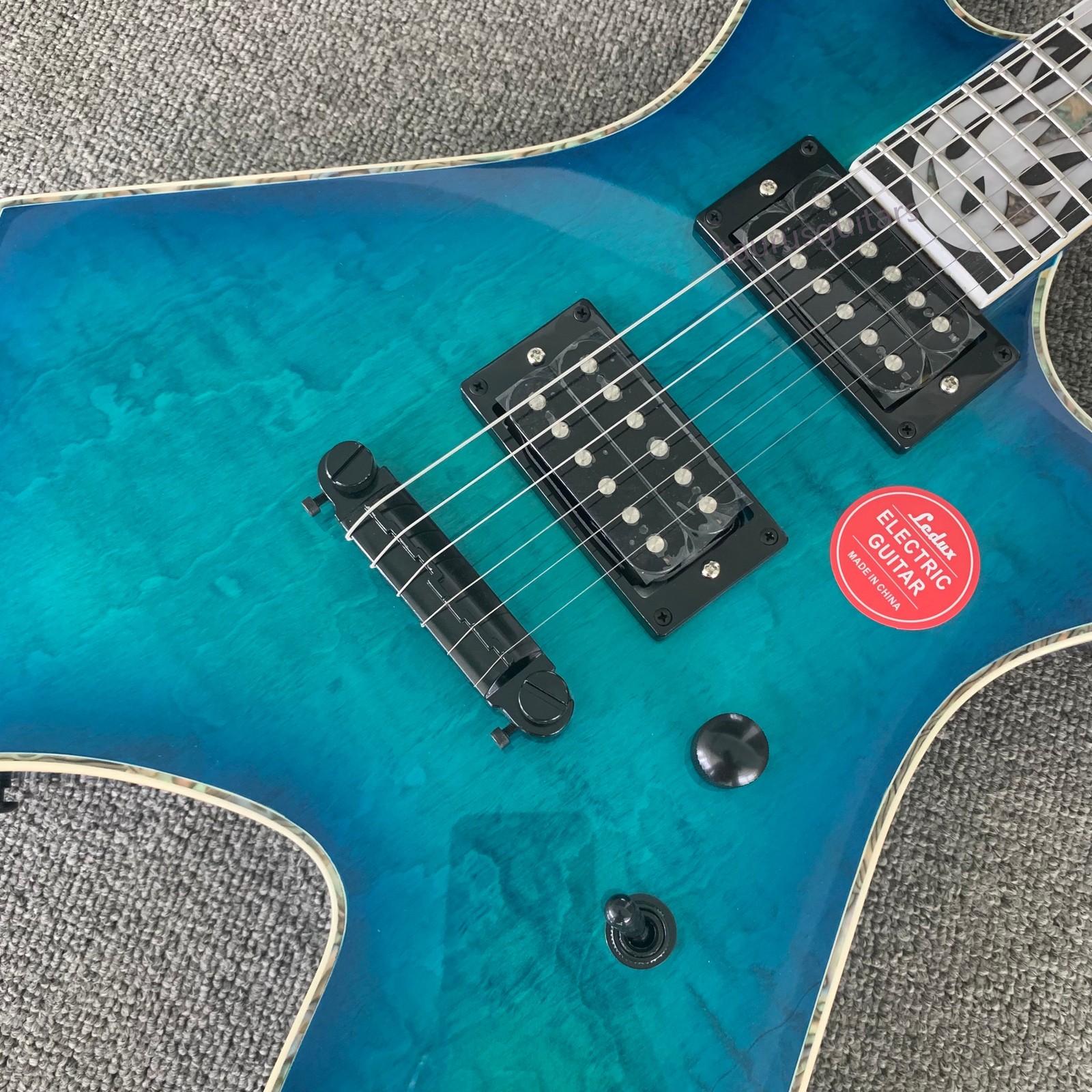 Blue Flamed top unique Shape Solid body Electric Guitar HH pickup black part