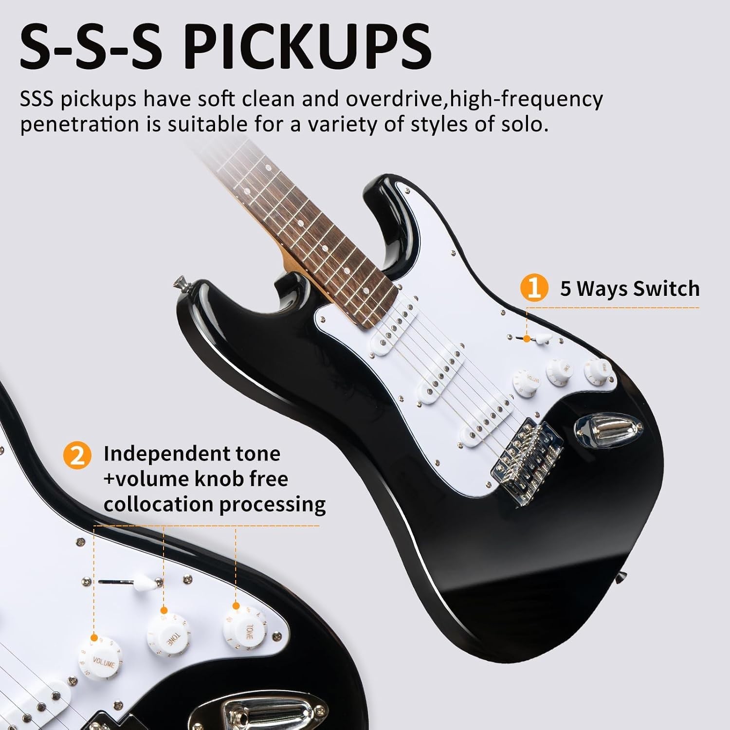 39” Solid Body Electric Guitar Starter Kit with 5W Amplifier – Black