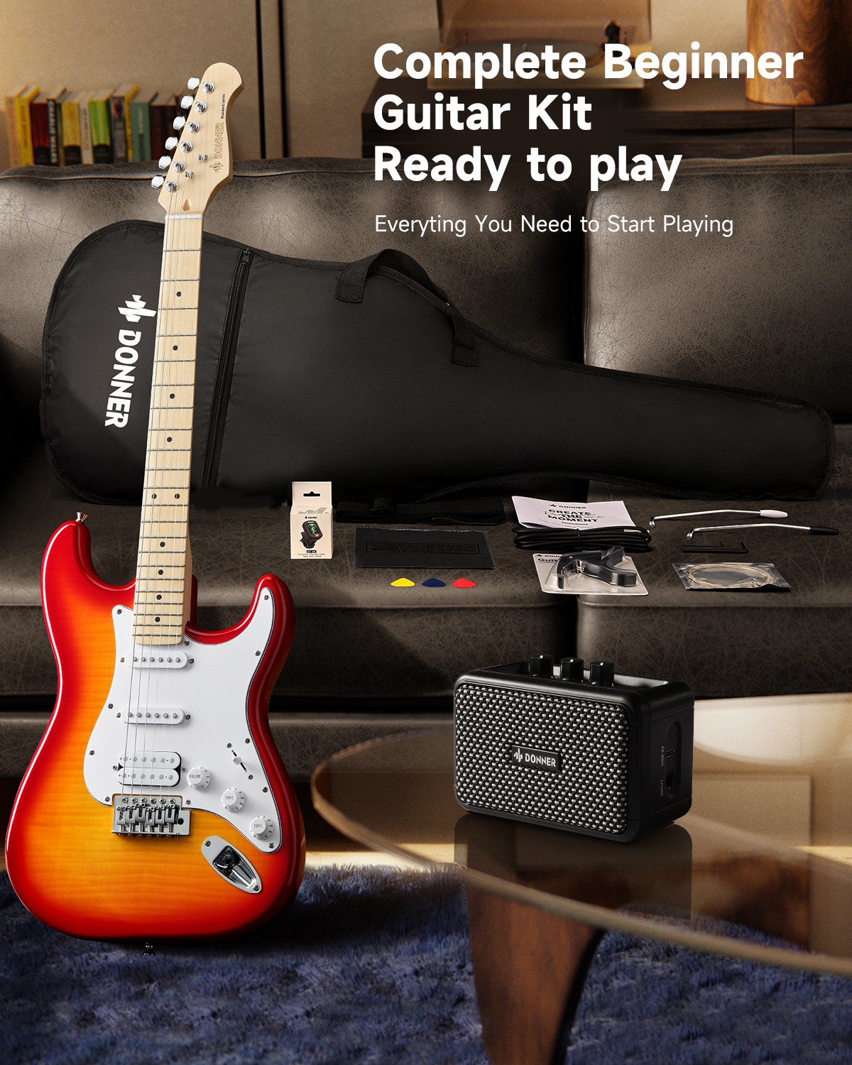Donner DST-95 Full-Size Cherry Burst Electric Guitar with Amp and Accessories