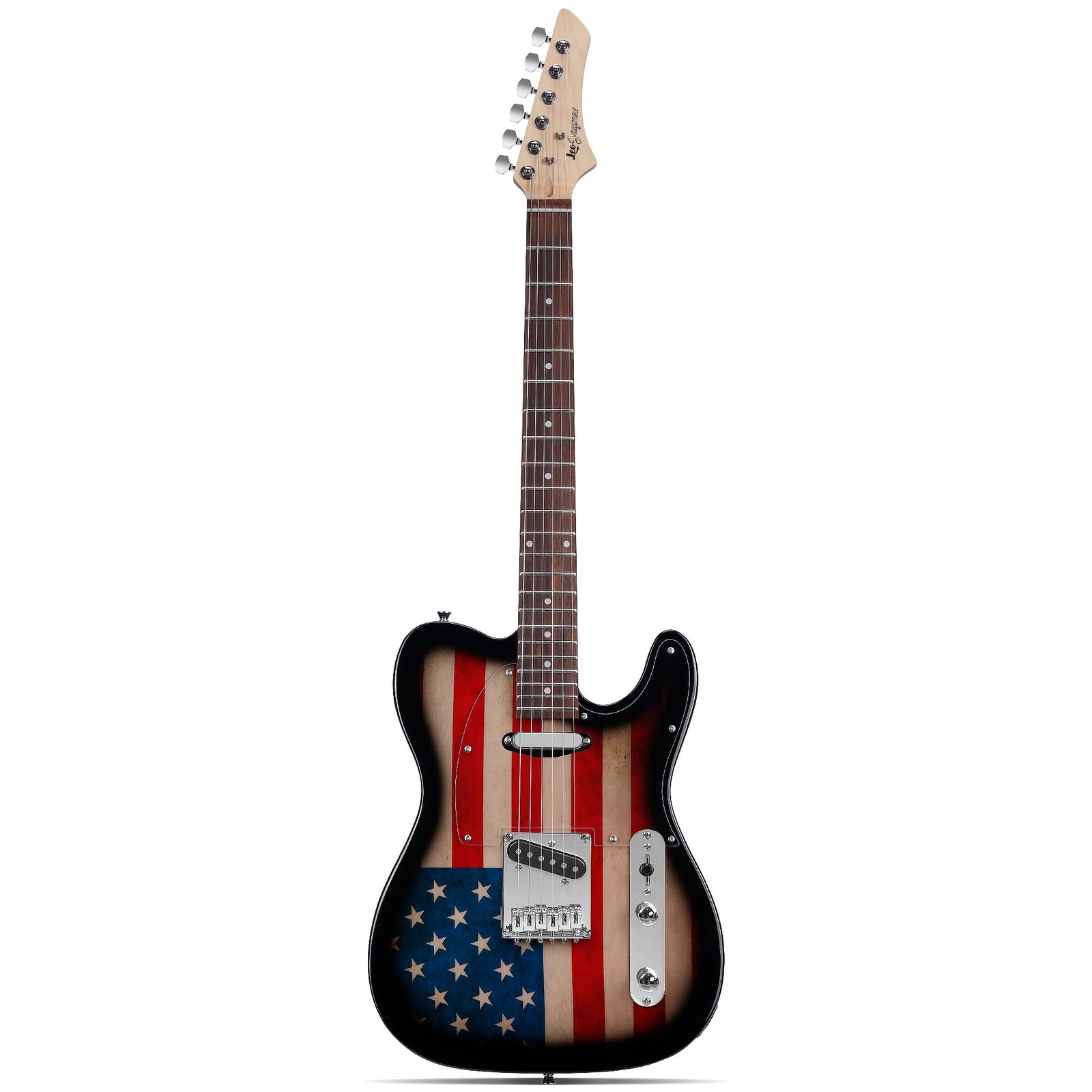 Leo Jaymz TL Style Electric Guitar with US Flag Sticker – High Gloss Mahogany Bo