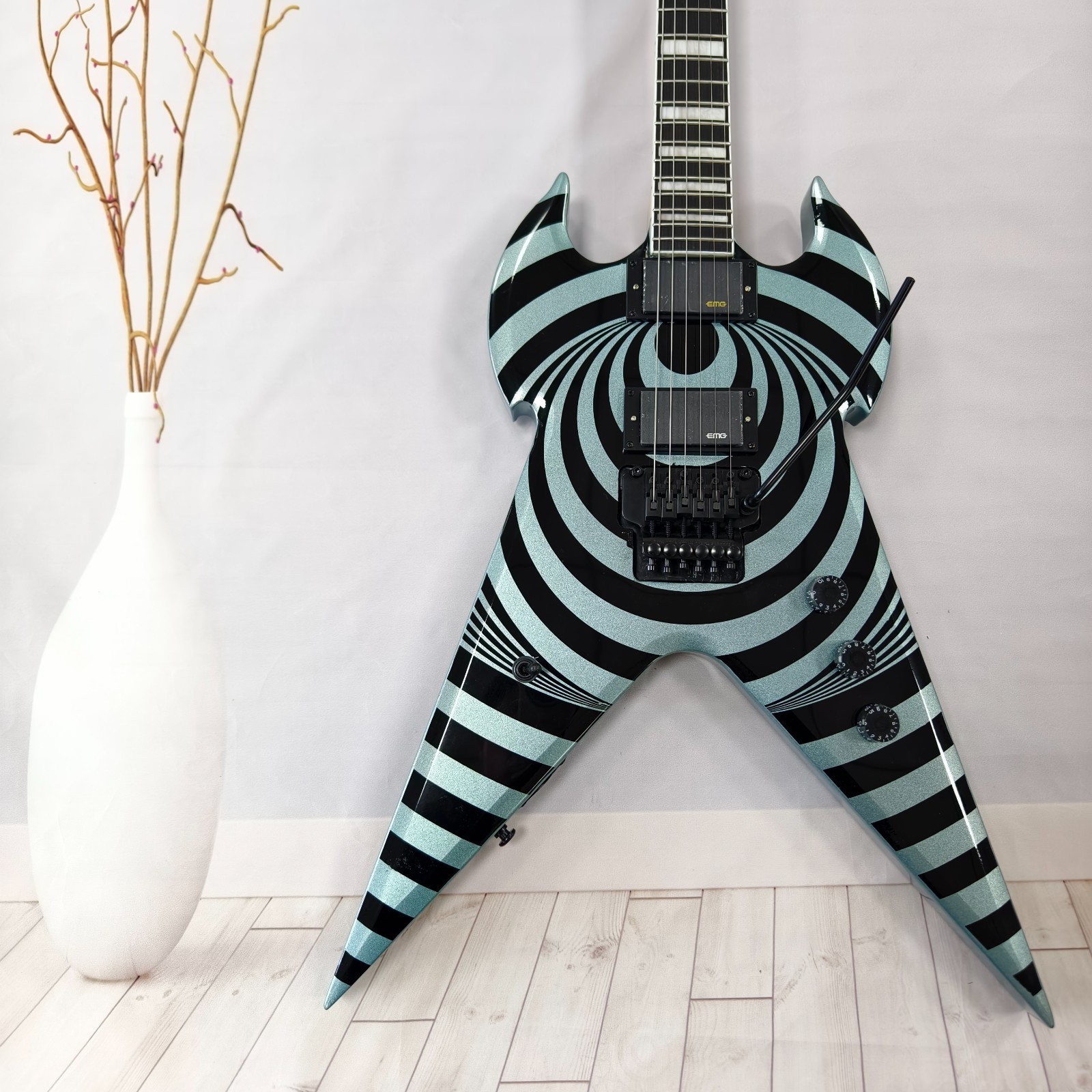 Zakk Wylde Style V Shape Electric Guitar Black Silver Vertigo Swirl HH Pickups