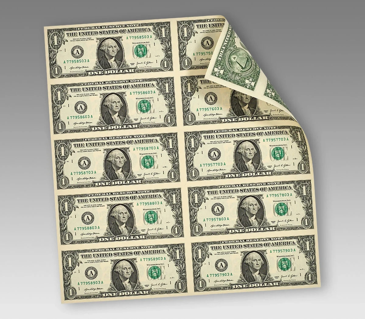 Uncut Sheet of (10) U.S. $1 One Dollar Bills NEW Item #481.